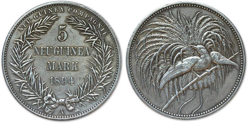 Deutsch-Neuguinea, 5 Mark 1894, A, ss+  |  Ausruf: 500 €  |  Zuschlag: 740 €