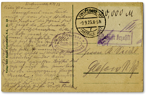 Lokalausgaben Finsterwalde 1923 seltener Gebührenzettel (Deutsches Reich)  |  Ausruf: 200 €  |  Zuschlag: 880 €